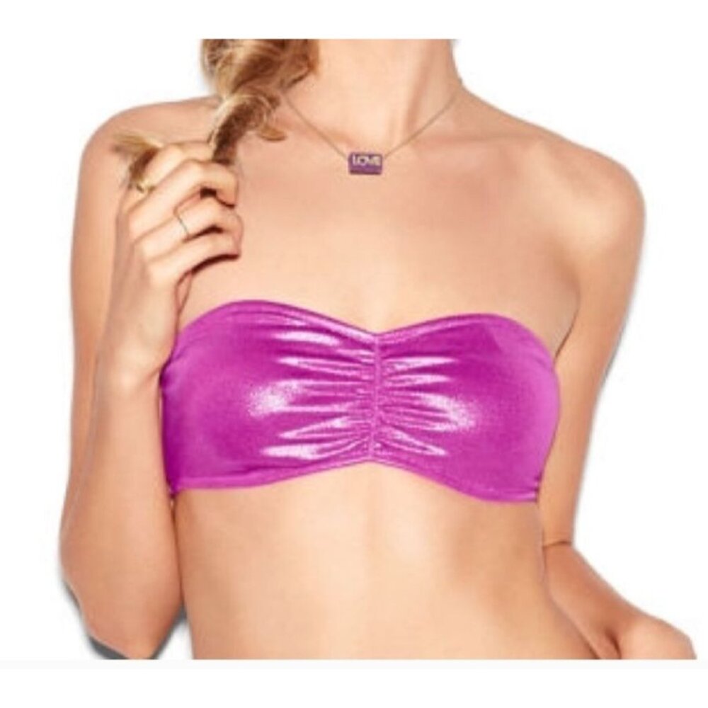 Victorias Secret Pink Shiny Metallic Bandeau Top Lined Large Stretchy Purple